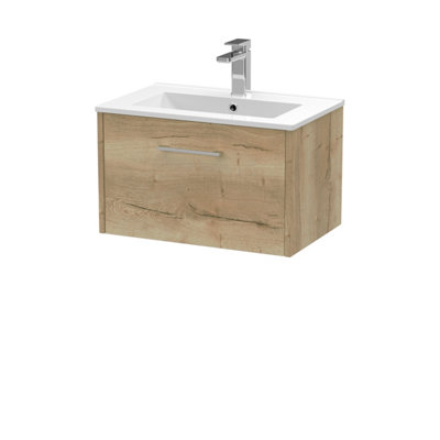 B&Q -  Juno Wall Hung Single Drawer Vanity Unit With Minimalist 1 Tap Hole BasinAutumn Oak Textured Woodgrain Finish600mm