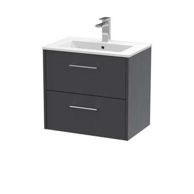 Hudson Reed Juno Wall Hung 2 Soft Close Drawer Vanity Unit With Minimalist 1 Tap Hole Basin In Graphite Grey Woodgrain600mm from B&Q