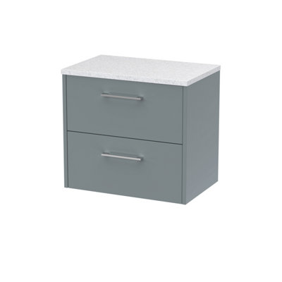 Nuie Hudson Reed Juno Wall Hung 2-Drawer Vanity Unit & Sparkling White WorktopStylish Countertop Basin Unit In Coastal Grey600mm from B&Q