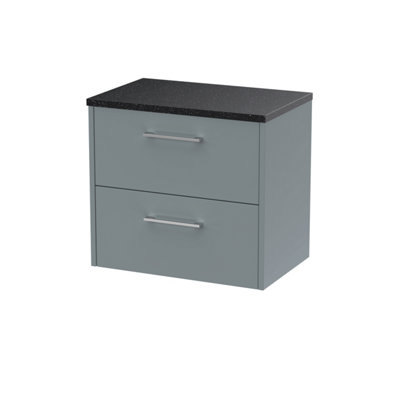 Nuie Hudson Reed Juno Wall Hung 2-Drawer Vanity Unit & Black WorktopStylish Countertop Basin Unit In Coastal Grey600mm from B&Q