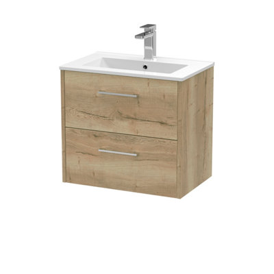 B&Q -  Juno Wall Hung 2 Soft Close Drawer Vanity Unit With 1 Tap Hole Basin In Autumn Oak Finish600mm