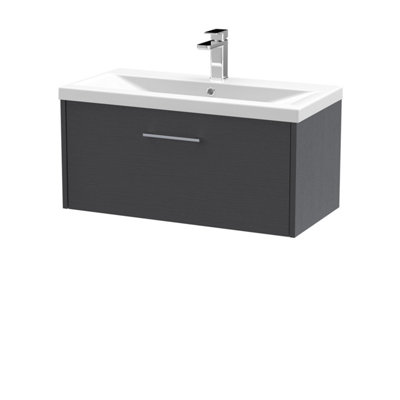 B&Q -  Juno Wall Hung Single Drawer Vanity Unit With Mid-Edge 1 Tap Hole Basin In Graphite Grey Woodgrain Finish800mm