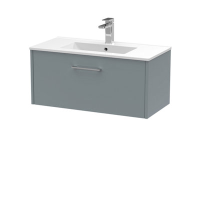Hudson Reed Juno Wall Hung 1-Drawer Vanity And Minimalist 1 Tap Hole Basin, Timeless Sink Vanity Unit, Coastal Grey