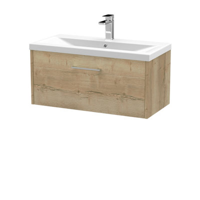 B&Q -  Juno Wall Hung Single Soft Close Drawer Vanity Unit With Mid-Edge 1 Tap Hole Basin In Autumn Oak Finish800mm