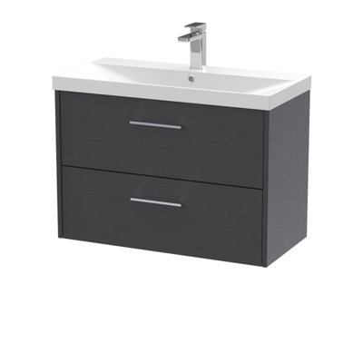 B&Q -  Juno Wall Hung 2 Soft Close Drawer Vanity Unit With Thin-Edge 1 Tap Hole Basin In Graphite Grey Woodgrain800mm