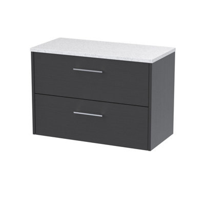B&Q -  Hudson Reed  Juno Wall Hung 2-Drawer Vanity & Sparkling White WorktopCountertop Basin Unit In Graphite Grey Woodgrain800mm