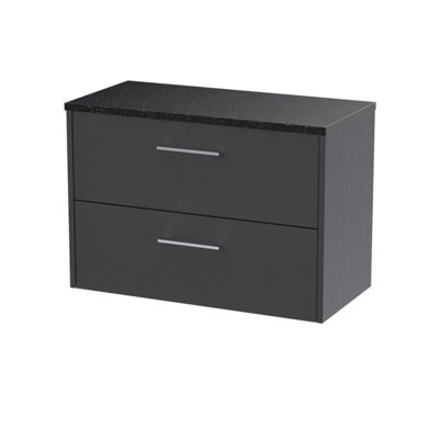 B&Q -  Hudson Reed Juno Wall Hung 2-Drawer Vanity Unit & Black WorktopSleek Countertop Basin Unit In Graphite Grey Woodgrain800mm