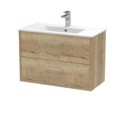 Hudson Reed Juno Wall Hung 2-Drawer Vanity & Minimalist 1 Tap Hole Basin, Contemporary Sink Vanity Unit, Autumn Oak