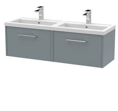 B&Q -  Juno Wall Hung 2 Soft Close Drawer Vanity Unit With Double Basin In Coastal Grey Finish1205mm