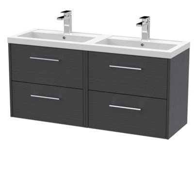 B&Q -  Juno Wall Hung 4 Soft Close Drawer Vanity Unit With Double Polymarble Basin In Graphite Grey Woodgrain Finish1205mm