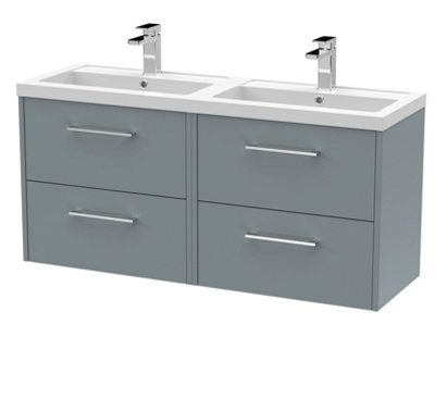 B&Q -  Juno Wall Hung 4 Soft Close Door Vanity Unit With Double Basin In Coastal Grey Finish1200mm