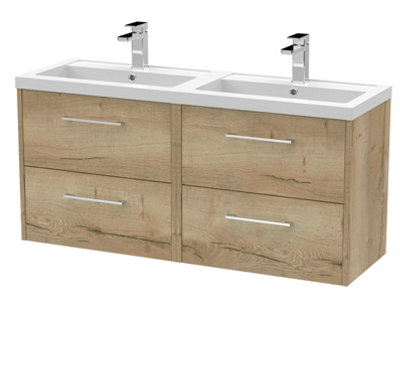 B&Q -  Juno Wall Hung 4 Soft Close Door Vanity Unit With Double Basin In Autumn Oak Finish1200mm