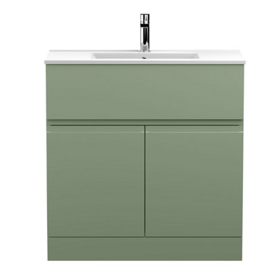 B&Q -  Urban Satin Green Floor Standing 2 Door 1 Drawer Vanity Unit And Basin With Silent Close828 X 810 X 390