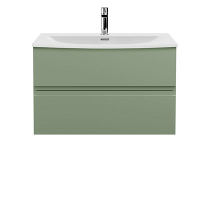 Hudson Reed Urban Satin Green Wall Hung 2 Drawer Vanity Unit And Curved Basin With Silent Close525 X 810 X 440 from B&Q