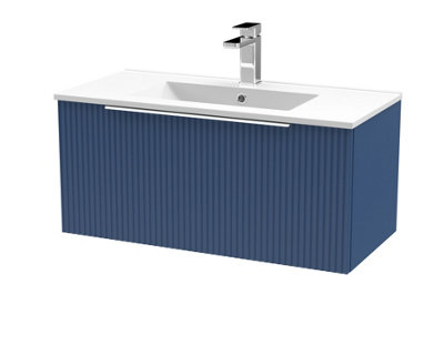 Hudson Reed Fluted Wall Hung 1-Drawer Vanity And Minimalist BasinContemporary Sink Vanity UnitSatin Blue800mm from B&Q