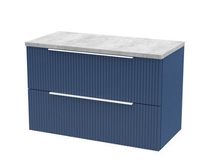 Hudson Reed Fluted Wall Hung 2-Drawer Vanity Unit & Bellato Grey Laminate WorktopCounter Top Vanity Unit In Satin Blue800mm from B&Q