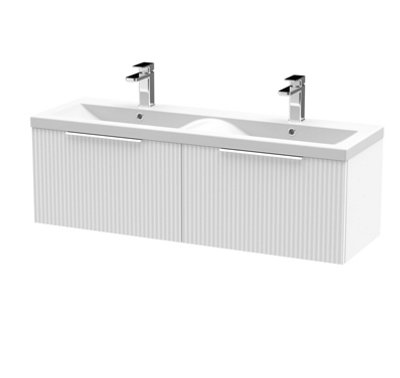 Hudson Reed Fluted Wall Hung 2-Drawer Vanity And Double Ceramic BasinModern Sink Vanity UnitSatin White1200mm from B&Q