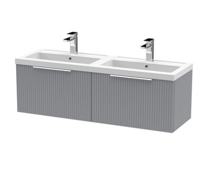 Hudson Reed Fluted Wall Hung 2-Drawer Vanity And Double Polymarble BasinStylish Sink Vanity UnitSatin Grey1200mm from B&Q