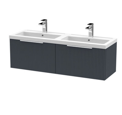 Hudson Reed Fluted Wall Hung 2-Drawer Vanity And Double Polymarble BasinContemporary Sink Vanity UnitSoft Black1200mm from B&Q