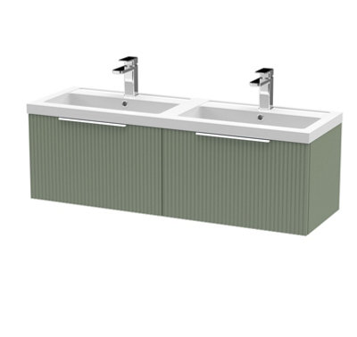 Hudson Reed Fluted Wall Hung 2-Drawer Vanity And Double Polymarble BasinContemporary Sink Vanity UnitSatin Green1200mm from B&Q