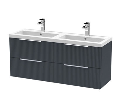 Hudson Reed Fluted Wall Hung 4-Drawer Vanity And Double Polymarble BasinContemporary Sink Vanity UnitSoft Black1200mm from B&Q
