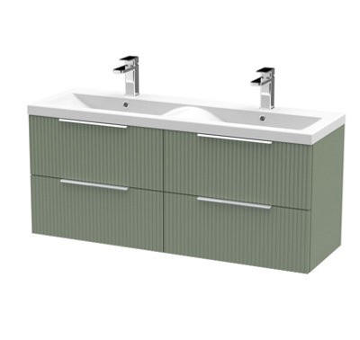 B&Q -  Fluted Wall Hung 4-Drawer Vanity And Double Ceramic BasinContemporary Sink Vanity UnitSatin Green1200mm