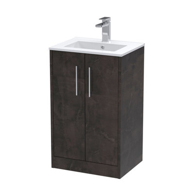 B&Q -  Juno Floor Standing 2 Soft Close Door Vanity Unit With Minimalist 1 Tap Hole Basin In Metallic Slate Finish500mm