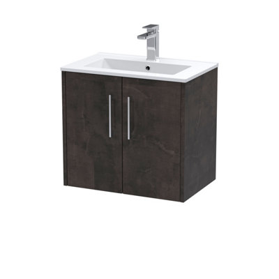 B&Q -  Juno Wall Hung 2 Soft Close Door Vanity Unit With Minimalist Ceramic Basin In Metallic Slate Finish600mm