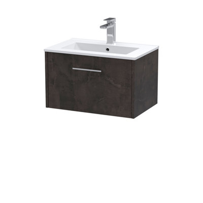 Hudson Reed Juno Wall Hung 1-Drawer Vanity And Minimalist 1 Tap Hole Basin, Refined Sink Vanity Unit, Metallic Slate