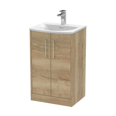 B&Q -  Juno Floor Standing 2 Soft Close Door Vanity Unit With Curved 1 Tap Hole Basin In Autumn Oak Finish500mm