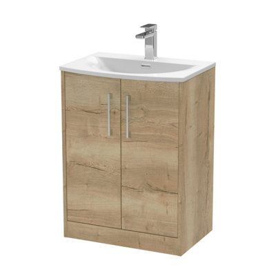 Hudson Reed Juno Floor Standing 2 Soft Close Door Vanity Unit With Curved 1 Tap Hole Basin In Autumn Oak Woodgrain Finish610mm from B&Q