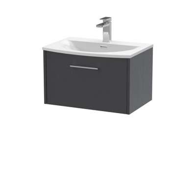 B&Q -  Juno Wall Hung Single Drawer Vanity Unit With Curved 1 Tap Hole Basin In Graphite Grey Woodgrain Finish610mm