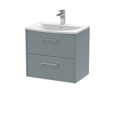 B&Q -  Juno Wall Hung 2 Soft Close Drawer Vanity Unit With Curved 1 Tap Hole Basin In Coastal Grey Finish610mm
