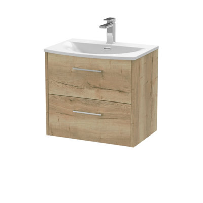 B&Q -  Juno Wall Hung 2 Soft Close Drawer Vanity Unit With Curved 1 Tap Hole Basin In Autumn Oak Finish600mm