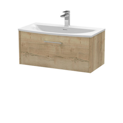 Hudson Reed Juno Wall Hung 1-Drawer Vanity & Curved 1 Tap Hole Basin, Contemporary Sink Vanity Unit, Autumn Oak