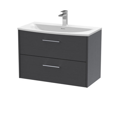 B&Q -  Juno Wall Hung 2 Soft Close Drawer Vanity Unit With Curved 1 Tap Hole Basin In Graphite Grey Woodgrain Finish800mm