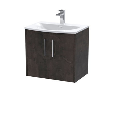 B&Q -  Juno Wall Hung 2 Soft Close Door Vanity Unit With Curved Ceramic 1 Tap Hole Basin In Metallic Slate Finish600mm