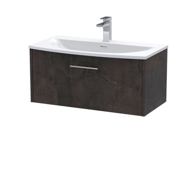 Hudson Reed Juno Wall Hung 1-Drawer Vanity And Curved 1 Tap Hole Basin, Refined Sink Vanity Unit, Metallic Slate