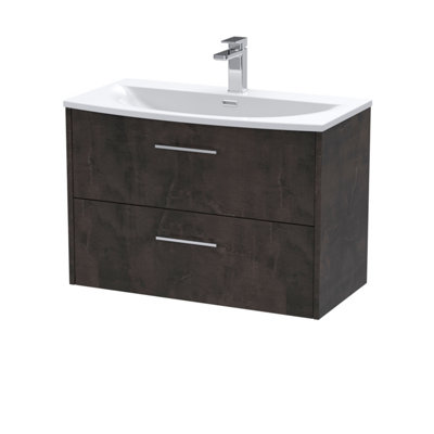 Hudson Reed Juno Wall Hung 2-Drawer Vanity And Curved 1 Tap Hole Basin, Refined Sink Vanity Unit, Metallic Slate