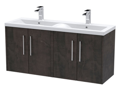 B&Q -  Juno Wall Hung 4 Soft Close Door Vanity Unit With Double Ceramic Basin In Metallic Slate Finish1205mm