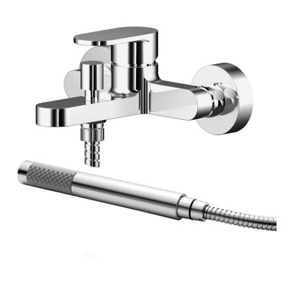 B&Q -  Current Modern Wall Mount Round Bath Shower Mixer Tap With Flat Spout & Shower KitChrome Finish