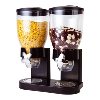 Double Cereal Dispenser Dry Food Storage Canister Portion Control Countertop Dispenser For Cereal Nuts Snacks Black