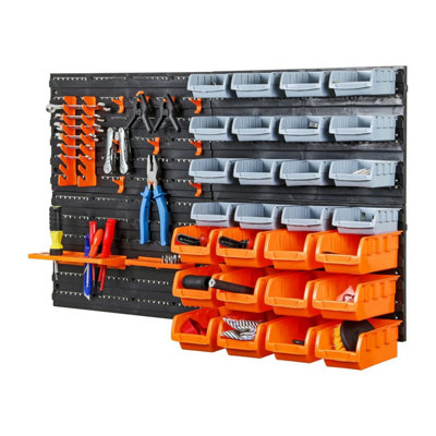 B&Q 44Pc Wall Mounted Backboards Which The Storage Bins - Diy Shed Storage Box Rack Plastic Drawers - Garage Shelving Units Orange/Grey