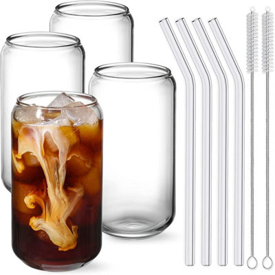 Set Of 4 Can-Shaped Glass Cups (16Oz) With Glass Straws, Classic And Stylish Drinking Glasses