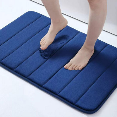  - Blue Memory Foam Bath Mat Non-Slip Quick Dry Bathroom Rug With Super Absorbent Coral Velvet Surface & Anti-Skid Base