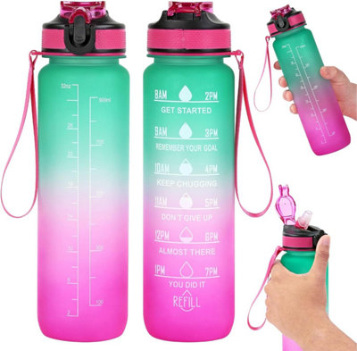 Pink & Green Bpa Free 1L Motivational Water Bottle With Straw Leakproof Flip Lid Sports Bottle With Time Markers from B&Q