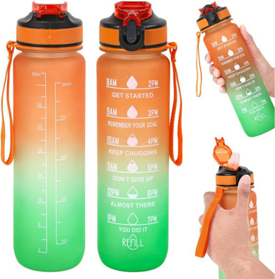 Green & Orange Bpa Free 1L Motivational Water Bottle With Straw Leakproof Flip Lid Sports Bottle With Time Marker from B&Q
