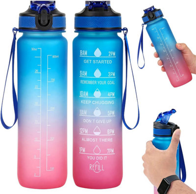 Blue & Pink Bpa Free 1L Motivational Water Bottle With Straw Leakproof Flip Lid Sports Bottle With Time Markers from B&Q