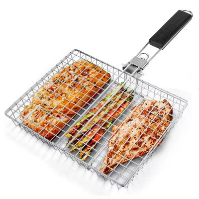  - Stainless Steel Bbq Basket Lockable Non Stick Grill Cage For Fish Steak Shrimp Veg Foldable Handle Rustproof