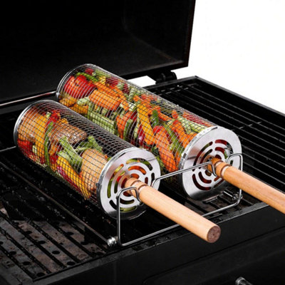360 Degree Rotating Grill Basket Stainless Steel Bbq Roller With Wooden Handle For Even Cooking Meat And Veggies from B&Q